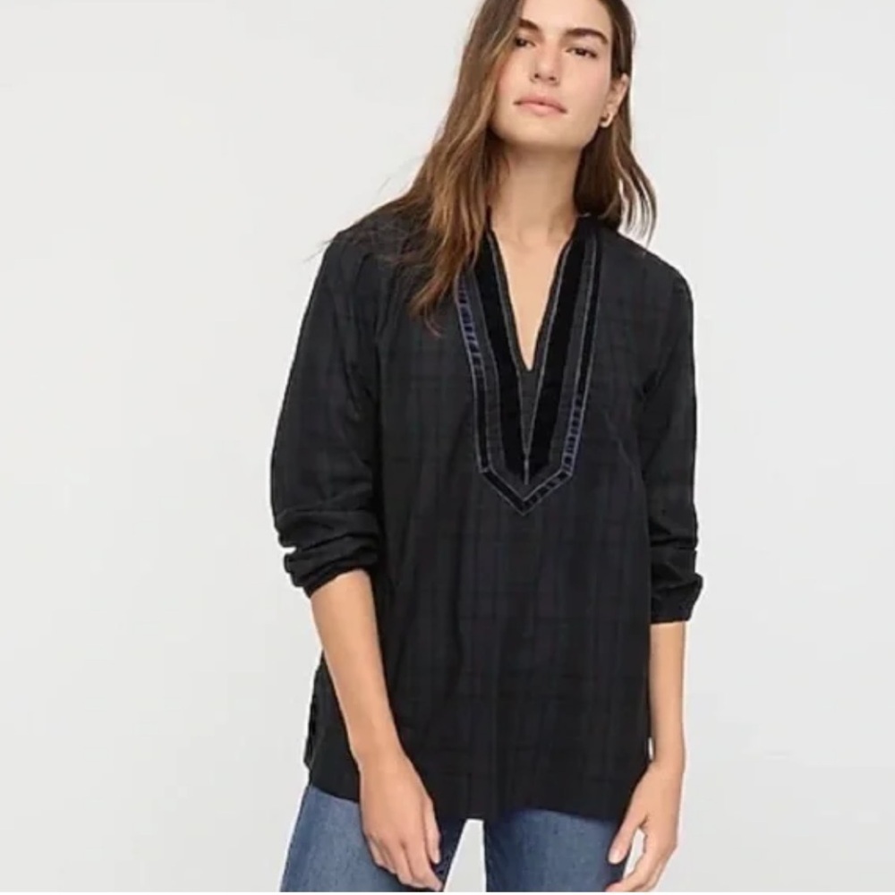 J crew green navy plaid velvet trimmed tunic blouse